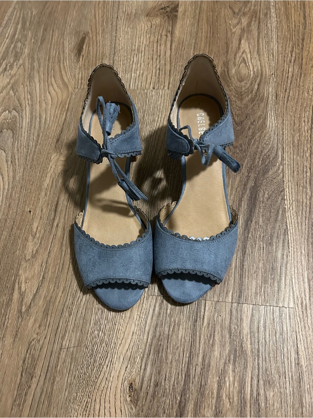 chelsea crew blue scalloped suede ankle-tie heels